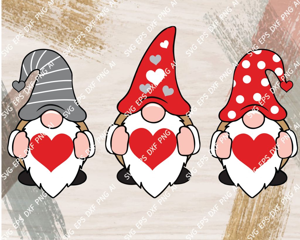 Three Gnomes Holding Hearts Svg, Valentine’s Day Svg, Gnomes Svg, Dxf