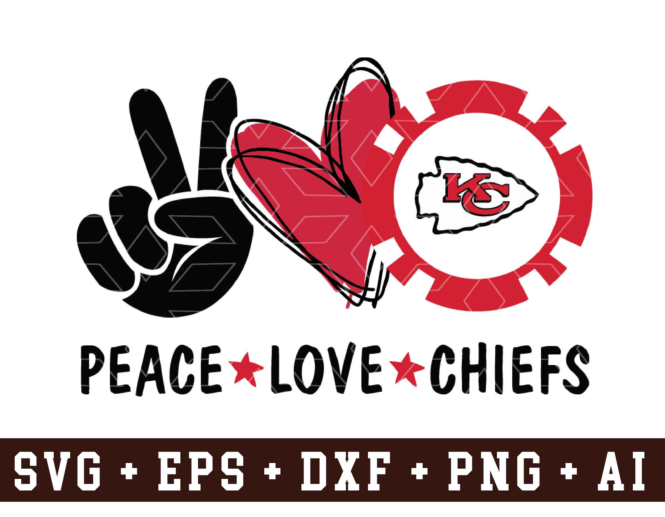 Download Peace Love Kansas City Chiefs Svg Png Dxf Eps Cricut Silhouette Play Day Decoration Decal Girl Heart Ball Designbtf Com