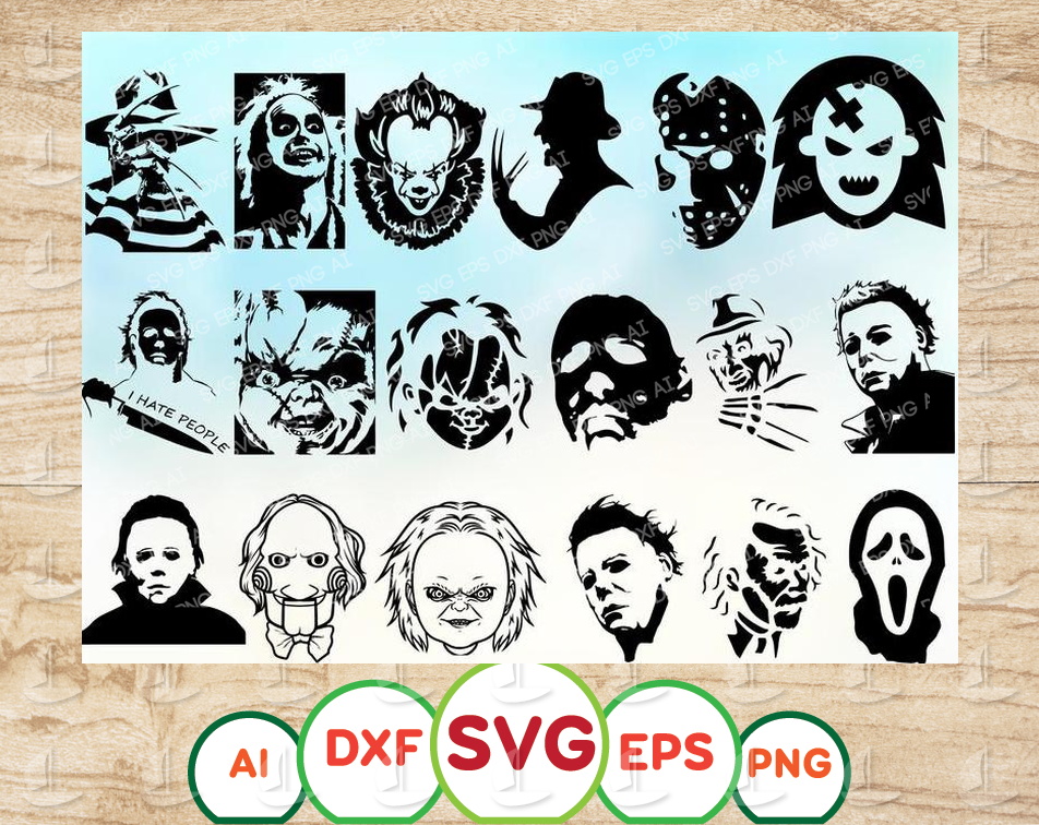 Download 18 Horror Movie Villain Svg Halloween Svg Horror Movie Characters Silhouette Chucku Svg Freddy Krueger Friday 13th Pinhead Hellraiser Jigsaw Designbtf Com