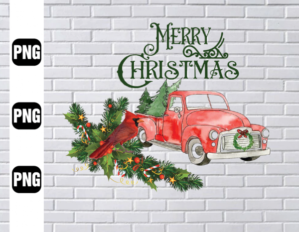 Merry Christmas Old Truck Png, Red Vintage Truck Png, Christmas Cardinal Png, Christmas Gift