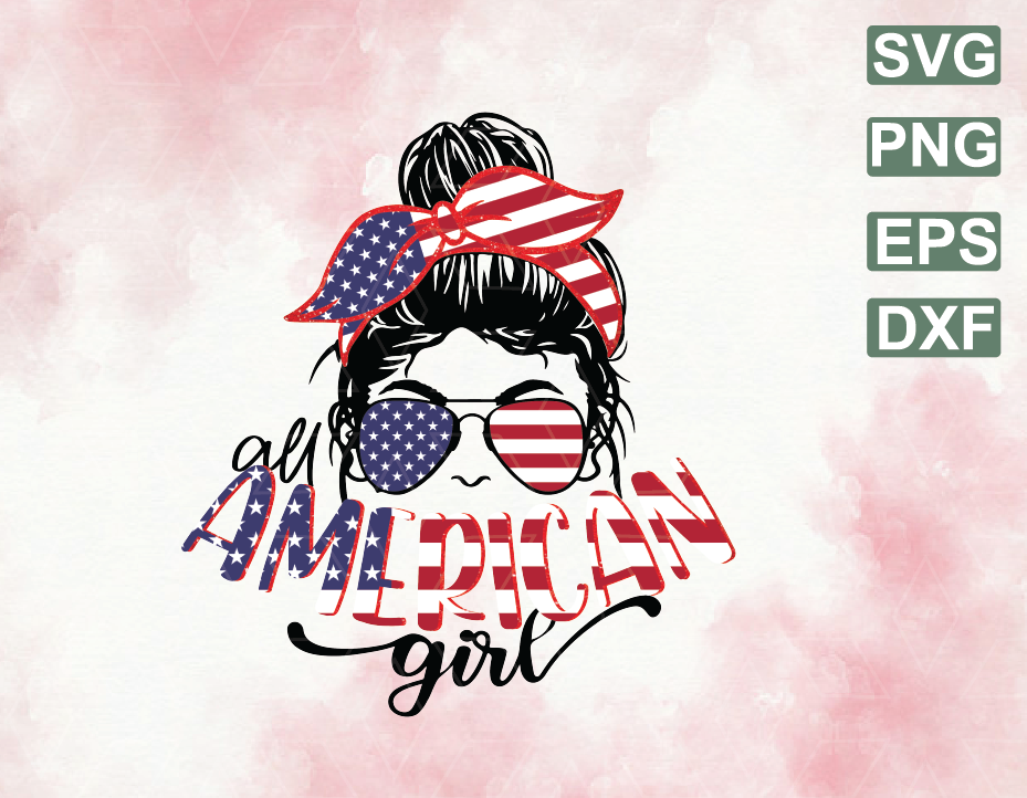 Messy Bun American Flag Woman Download PNG Eyelashes American Woman Digital Design American Pride Sublimation Design