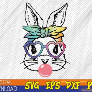 WTMWEBMOI123 02 1 Cute Bunny With Bandana Heart Glasses Bubblegum Easter Day Raglan Baseball Svg, Eps, Png, Dxf, Digital Download