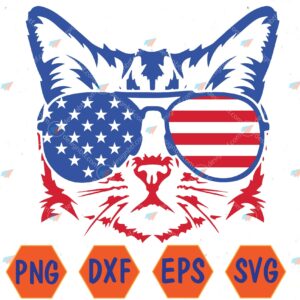WTMWEBMOI066 04 110 Patriotic Cat 4th Of July Meowica American Flag Sunglasses Svg, Eps, Png, Dxf, Digital Download