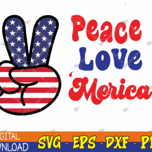 WTMWEBMOI123 04 360 Peace Love 'Merica Digital Design Download, 4th of July Clipart, Retro Fourth of July Peace Sign Svg, Eps, Png, Dxf, Digital Download