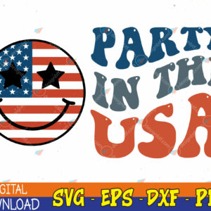 WTMWEBMOI123 04 371 Party in the USA svg, 4th of July svg, 4th Of July Design, Retro Smiley Face svg, Usa svg, Retro Svg, Eps, Png, Dxf, Digital Download