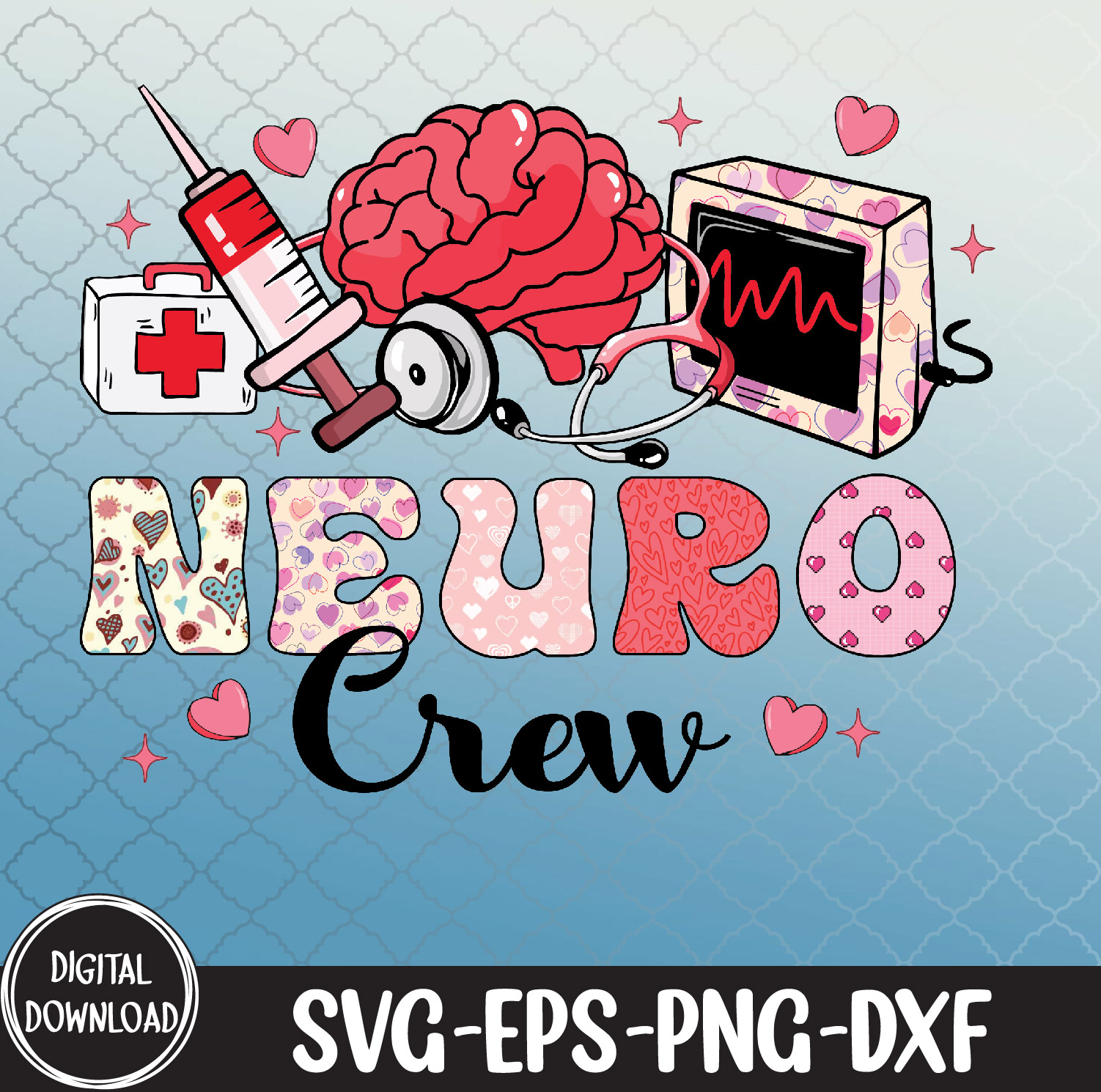 WTMNEW9file 09 3 Neuro Crew Stethoscope Leopard Neuro Nurse Valentine's Day, Valentine's Day svg, Svg, Eps, Png, Dxf
