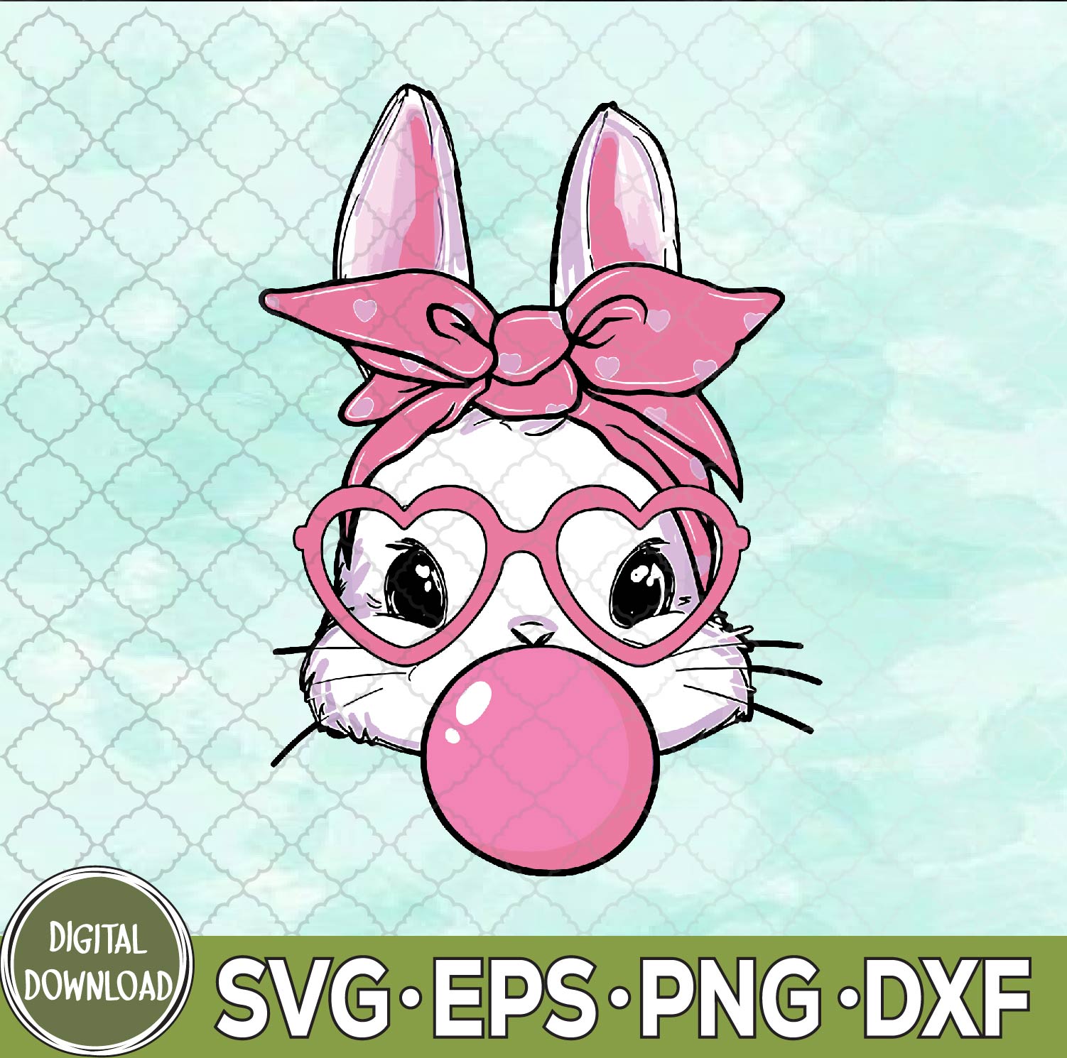 WTMNEW9file 09 111 Cute Rabbit Bunny Blowing Bubble Gum Easter Day Svg, Easter Svg, Bunny With Heart Glasses Svg, Eps, Png, Dxf