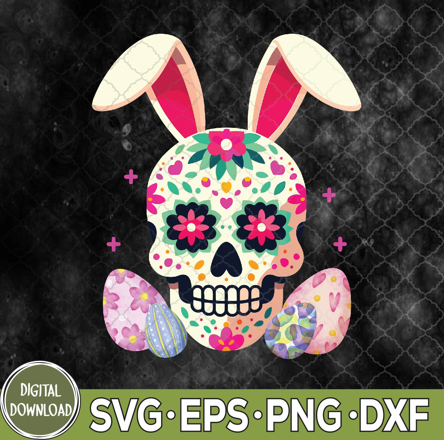 WTMNEW9file 09 112 Bunny Sugar Skull Rabbit La Catrina Easter Day Of Dead Svg, Skull Rabbit Svg, Easter Svg, Eps, Png, Dxf