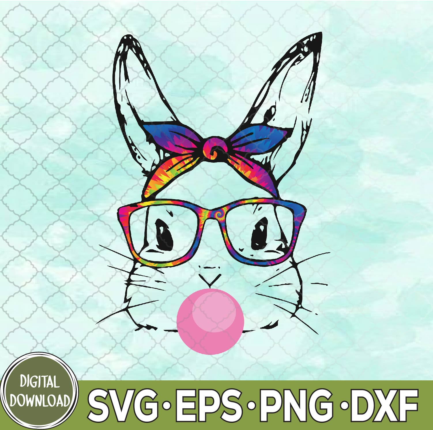 WTMNEW9file 09 114 Bubble Gum Bunny Svg, Easter Bunny With Bandana And Glasses Svg, Bunny With Bandana Svg, Eps, Png, Dxf