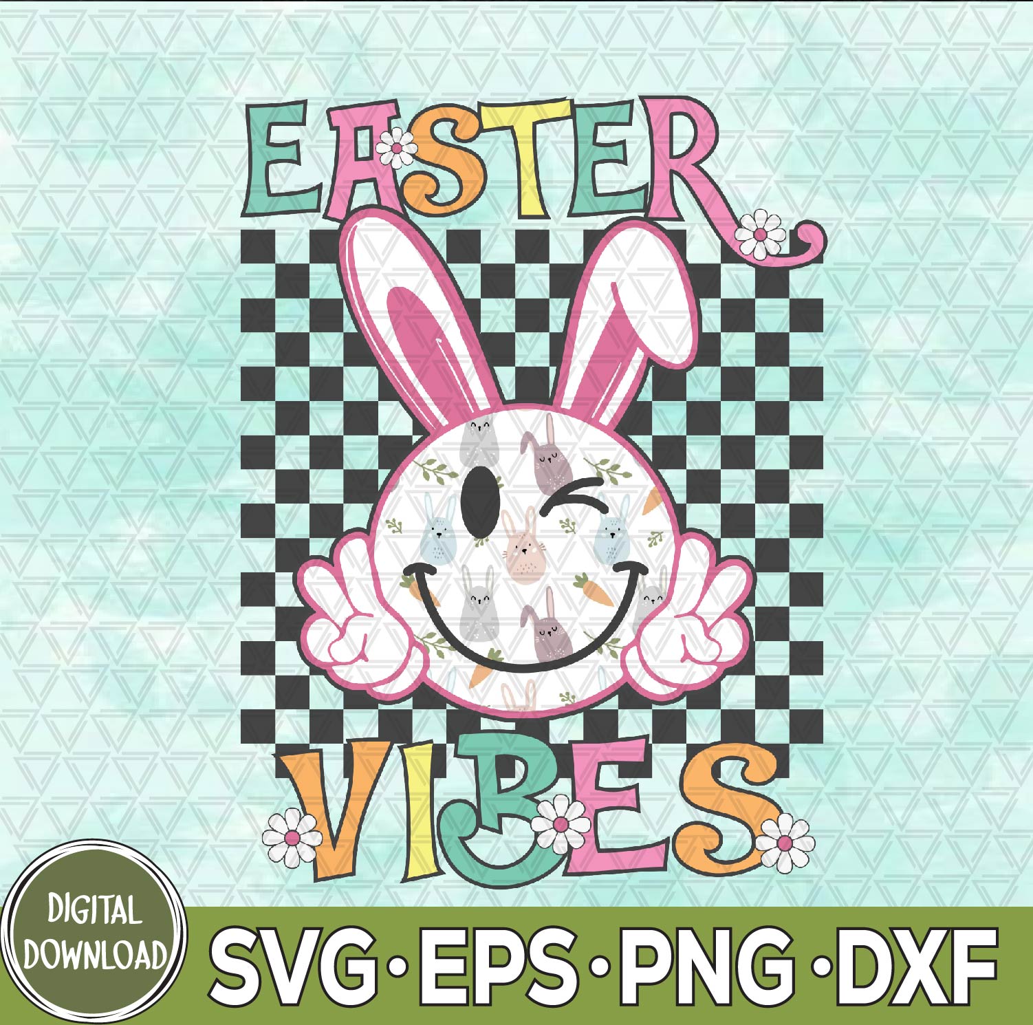 WTMNEW9file 09 66 Retro Groovy Easter Vibes Bunny Checkered Smile Svg, Eps, Png, Dxf