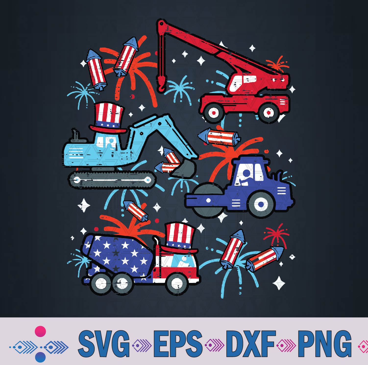 4th July Construction Trucks Vehicle Patriot Svg, Png, Digital Download